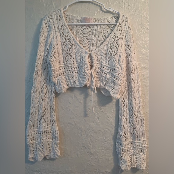 Audrey Parks + Francesca’s Keyhole Cream Cropped Crochet Sweater, Bell Sleeves;S - Picture 1 of 5